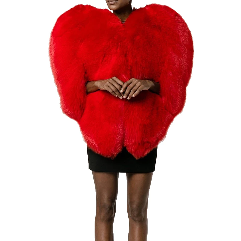 Женская Шуба из искусственного лисьего меха длинная в форме красного сердца с