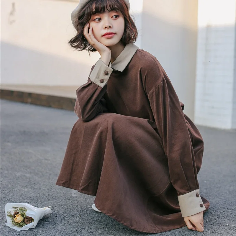 

Mori Girl Spring Autumn Women Sweet Dress Turn Down Collar Patchwork Casual Vestidos Full Sleeve Personalized Corduroy Dress