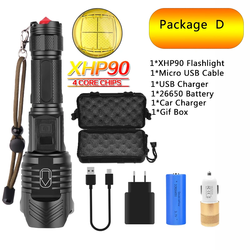 Package D Супер яркий светодиодный фонарь XHP90, перезаряжаемый, водонепроницаемый, фонарь с молотком Безопасности на открытом воздухе, батарея 26650, бесступенчатая лампа с затемнением - Испускаемый цвет: Package D