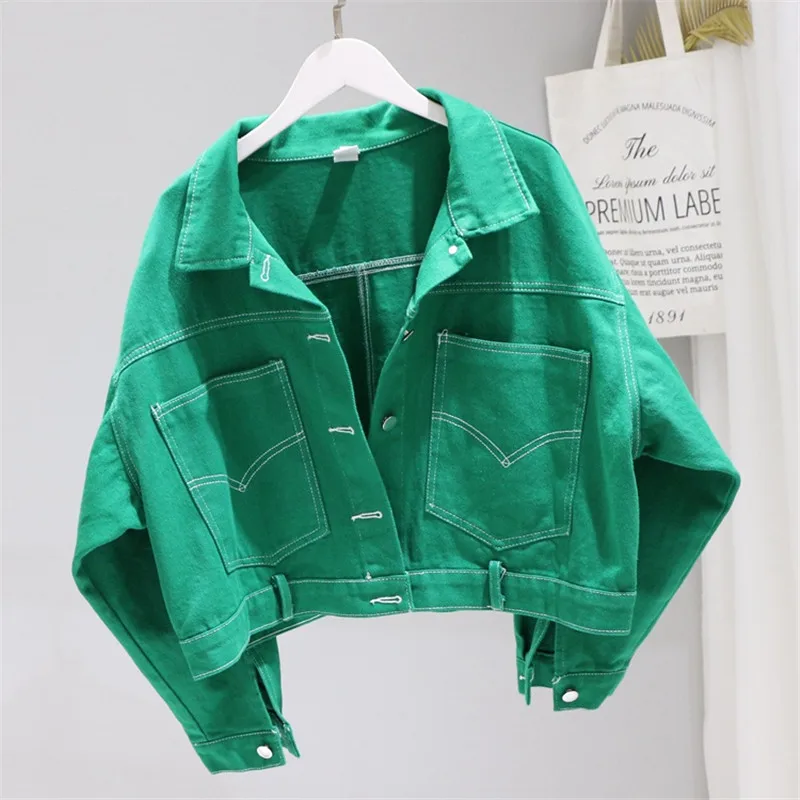 2020 Spring and autumn short denim jacket bat sleeve loose women coat single-breasted candy color tops casual female jackets | Женская
