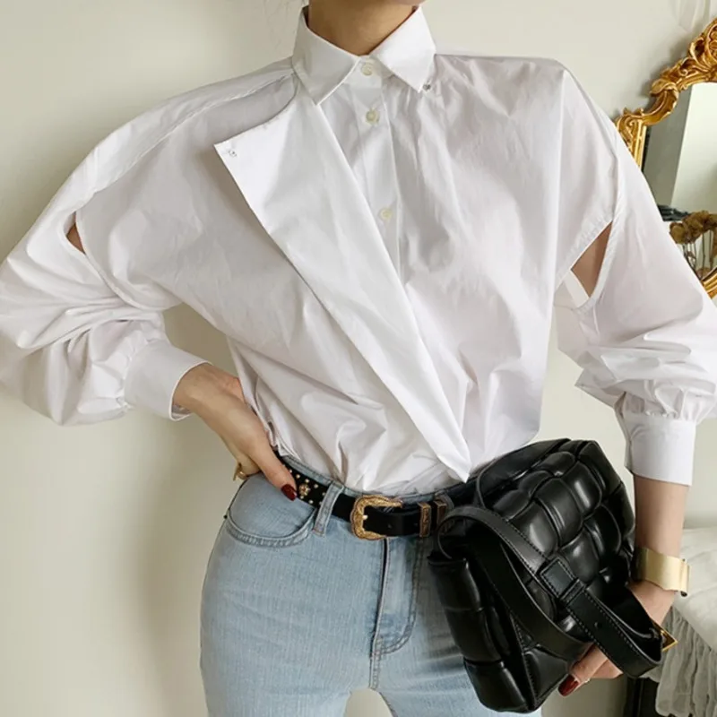 

Женская Однотонная рубашка с отложным воротником, с вырезами