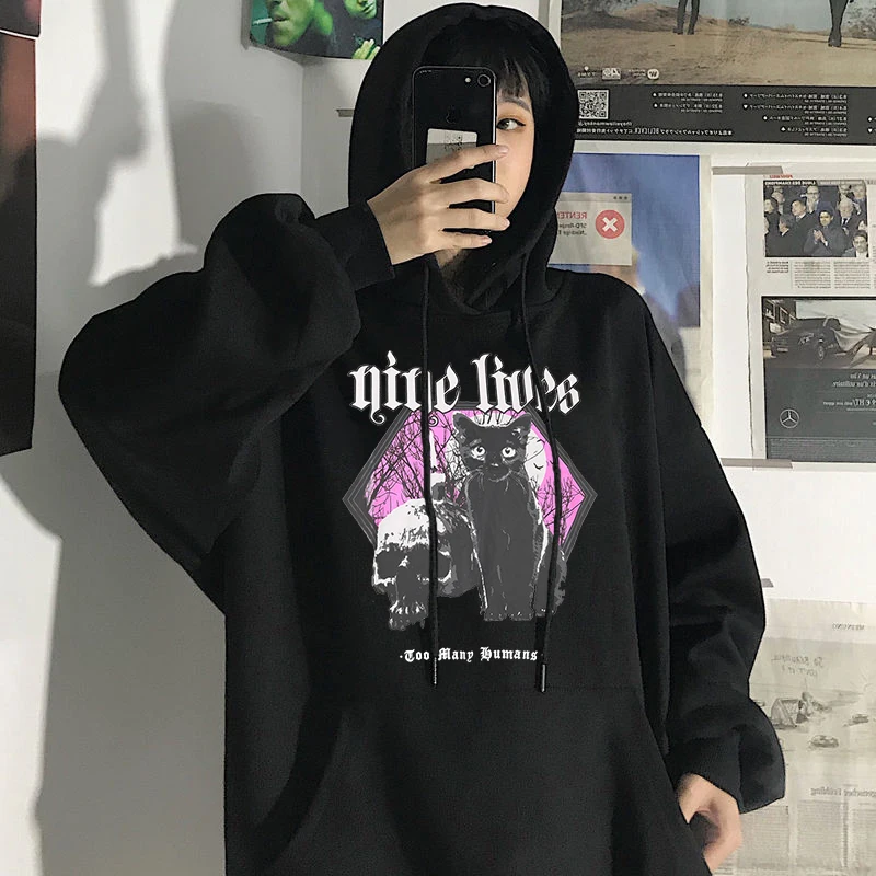 Hip Hop Gothic Men's Women's Hoodie 2021 Harajuku Fashion Kitten Men's Loose Top Casual Streetwear Hoodie