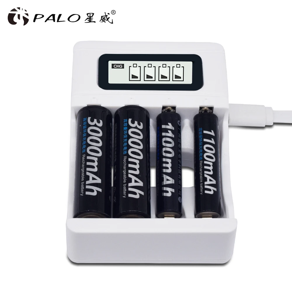 

PALO 4 Slots LCD Smart Battery Charger For AAA AA Rechargeable Battery 1.2V 2A 3A NIMH NICD Battery Fast Charging Device