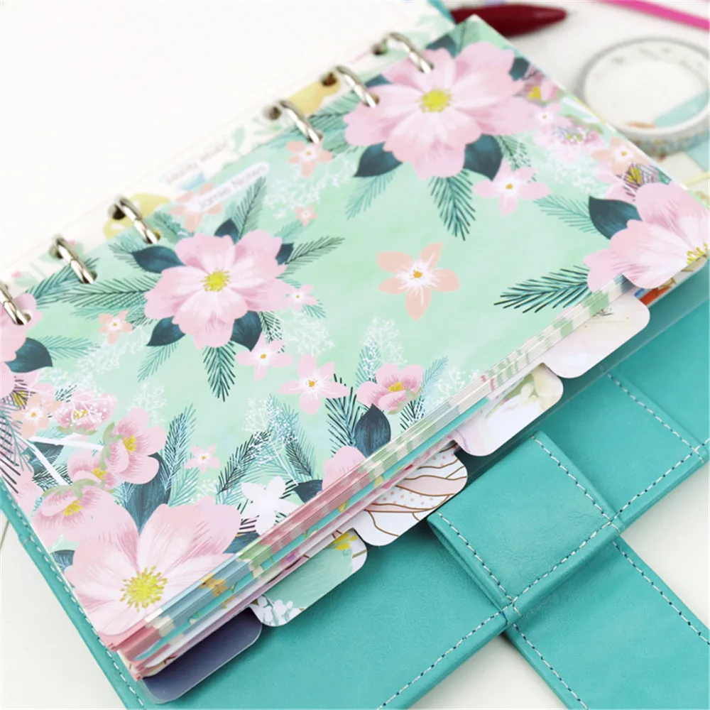 

6pcs Floral Loose-Leaf Notebook Dividers A5/A6 Spiral Planner Index Paper 6 Holes Separator Pages Paper Refill Label Bookmark