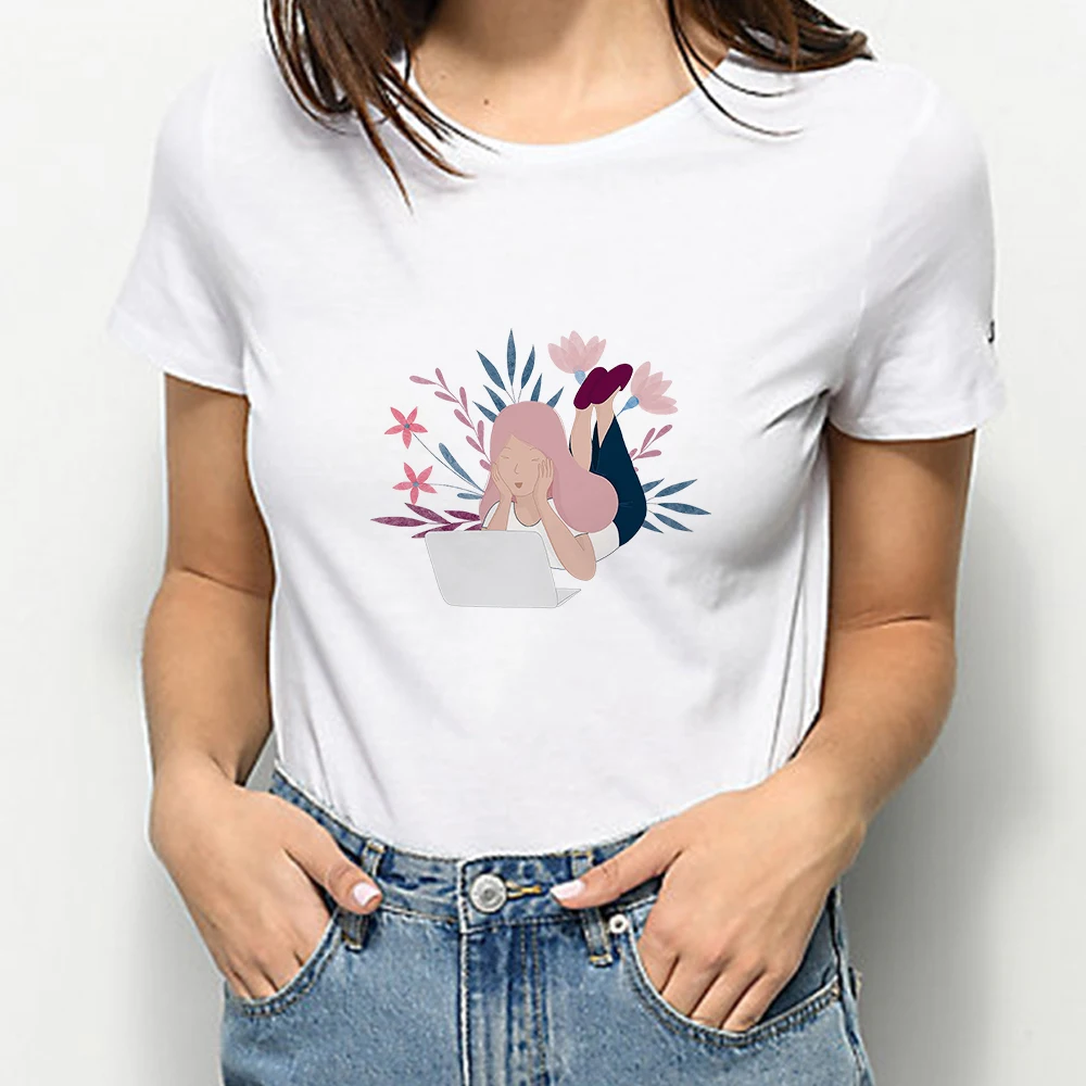 

Flower Quiet Space Women's T-shirts Aesthetic Clothes Summer Top Short Sleeve Polish Fashion 2021 Hipster Ropa Tumblr Mujer