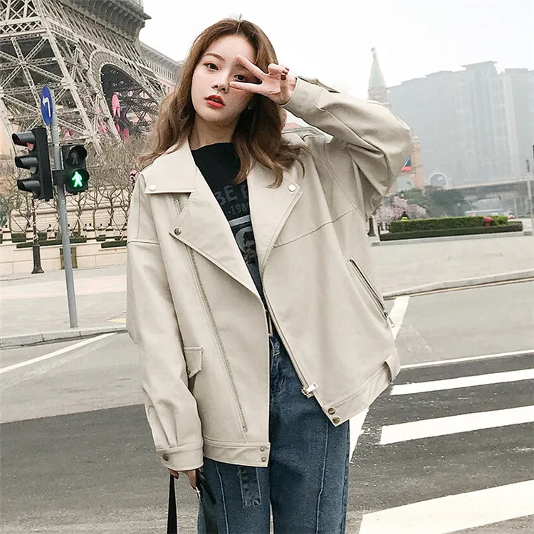 

Aelegantmis Fashion Oversized Coat Women Faux Leather Jacket Spring Autumn Loose Biker Motorcycle Jackets Female Punk Streetwear