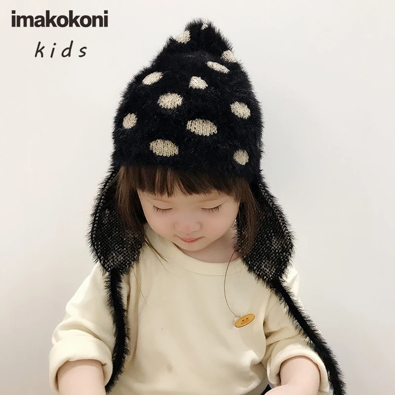 

Шапка imakokoni в черный и белый горошек, японская шапка для защиты ушей, вязаная шапка для девочек, осень и зима 0142