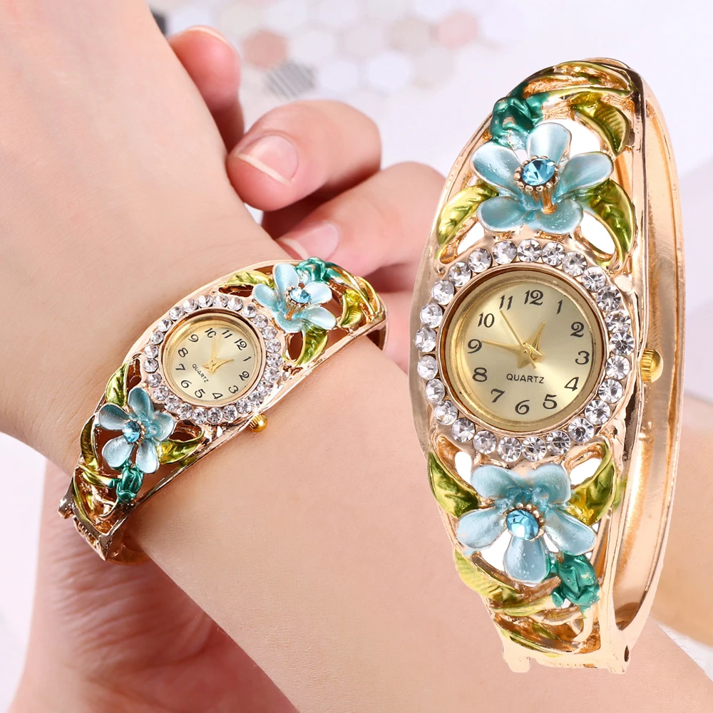Цветочные женские часы роскошный дизайн бриллиантовые браслеты платье