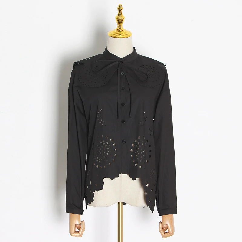 

GALCAUR Elegant Hollow Out Shirts Female Stand Collar Lantern Long Sleeve Lace Up Hollow Out Irregular Hem Women Blouse 2020 New