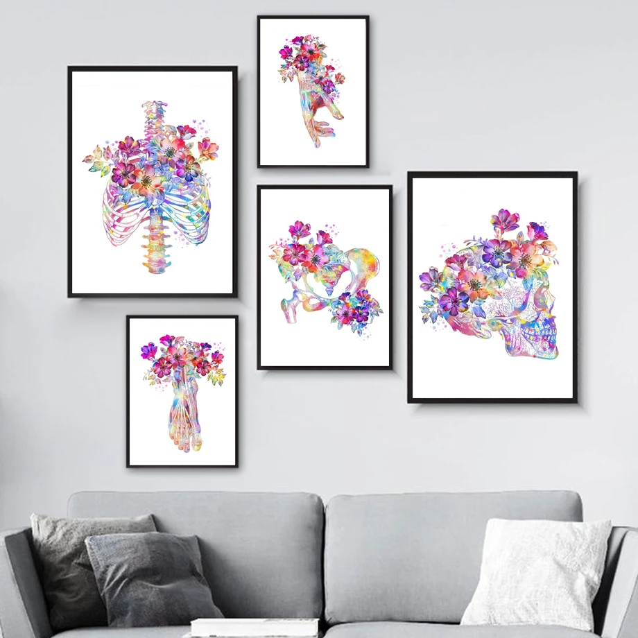

Bone Anatomy Flower Skull Hand Foot Wall Art Canvas Painting Nordic Poster And Prints Wall Pictures For Doctor Room Clinic Decor