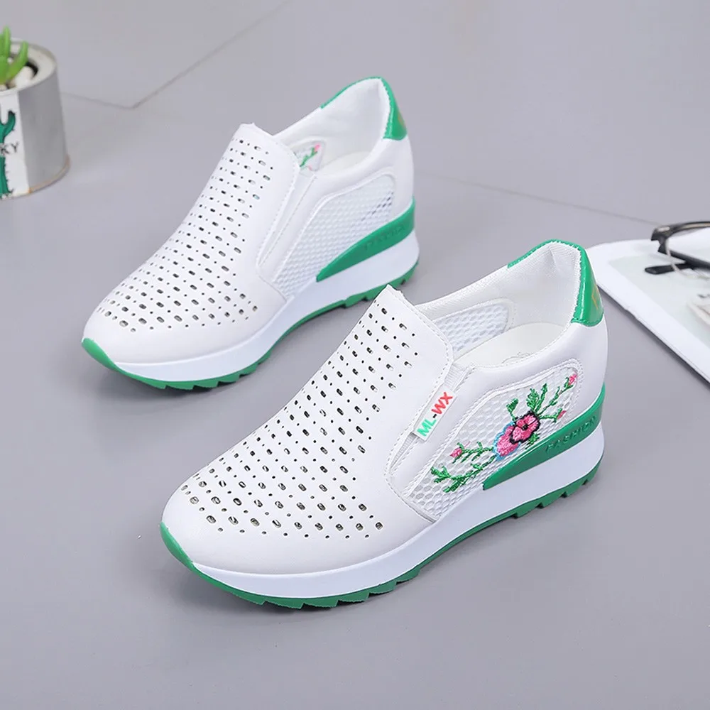 Женская обувь на платформе с цветочной вышивкой женская танкетке кожаная