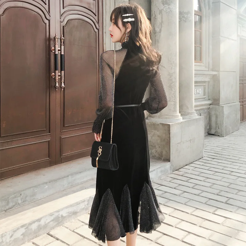

Johnature 2021 New Sexy Pleuche Fishtail Dress Winter Loose Patchwork Lace Women Dresses