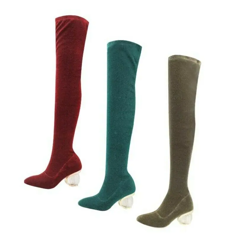 

New Women Overknee Long Stretch Boots Crystal Mid Heel Shoes 3 Colors