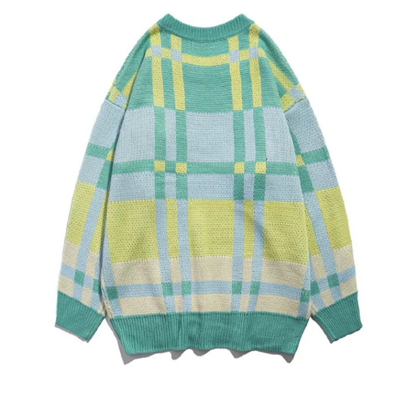 Классический Клетчатый свитер с круглым вырезом Осенний японский вязаный