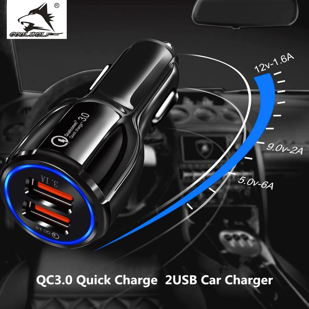 

COOLWOLF 18W QC3.0 Car Charger Dual USB Fast Charging 3.1A Phone Charger Adapter For iPhone 12 11 Pro Max7 8 Xiaomi OPPO Huawei