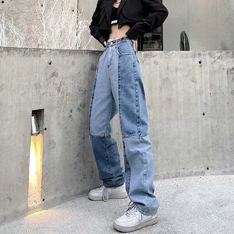 

Harajuku Street Retro Washed Color Matching Jeans Women's High Waist Casual Pants Straight Trousers Tde Commuter Bottoms