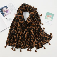 autumn and winter new style european and american style classic cotton and linen long scarf leopard print tassel fashion warm