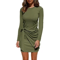 womans casual long sleeve pleated pullover t shirt tie solid medium dress for spring autumn