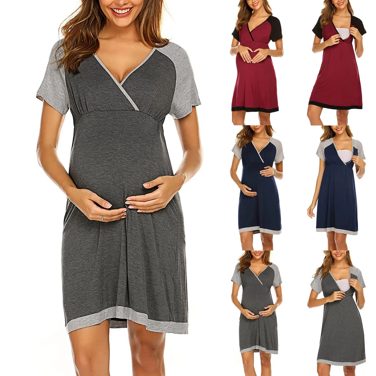 

Беременных женское платье сращивания с коротким рукавом Грудное вскармливание для беременных и кормящих одежда ночная рубашка модные сред...