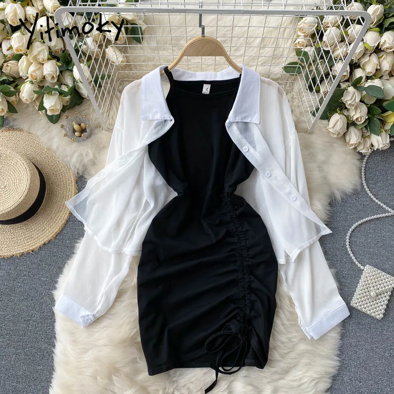 

Yitimoky 2 Piece Dresses Sets Women Breasted Solid White Shirts Camis Lace Up Folds Elastic High Waist A-Line Dress 2021 Summer