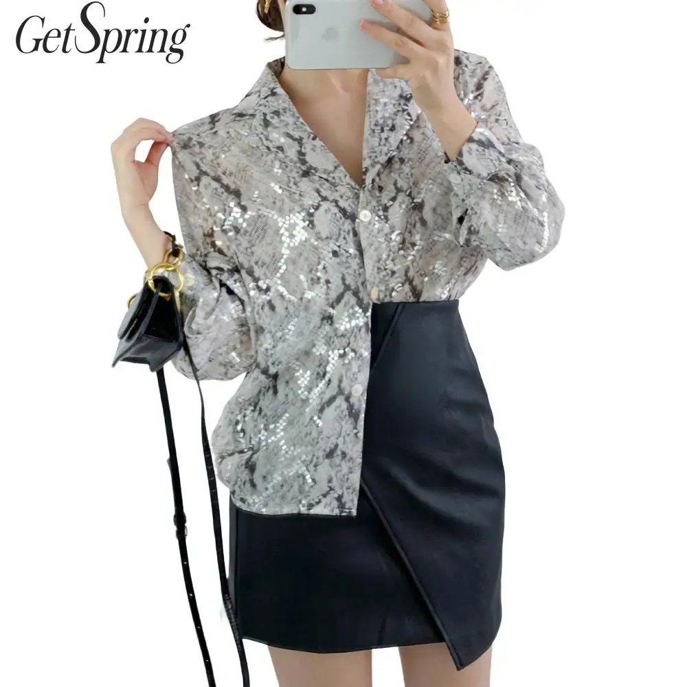 Женская блузка с блестками Getspring винтажная со змеиным узором и длинными рукавами