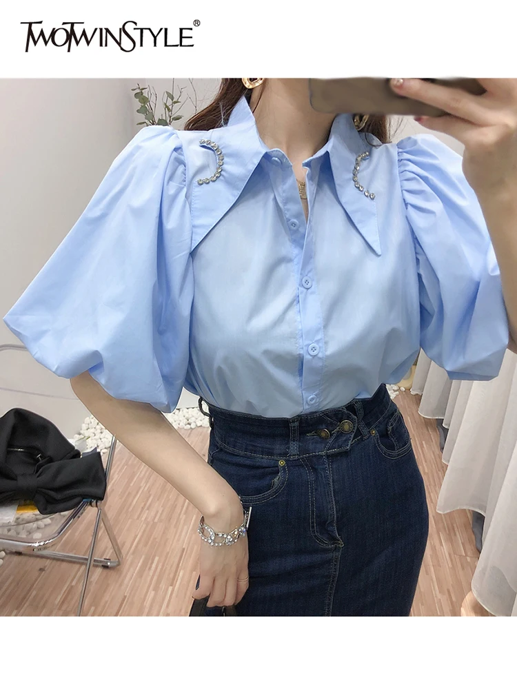 

TWOTWINSTYLE Casual Plain Blouses For Women Lapel Loose Short Puff Sleeve Patchwork Diamonds Open Stitch Female 2021 Summer New