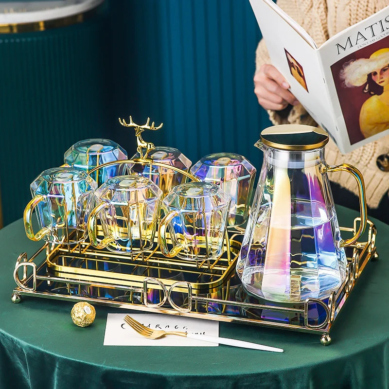 

New Arrival Glass Tea Set Dreamy Purple Water Tea Cups 1.9L Teapot Stainless Steel Deer Holder Exquisite Tray Summer Drinkware