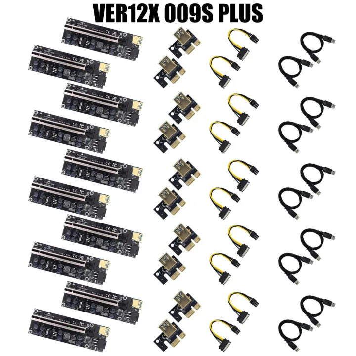 

10 шт. PCIE Riser 009S PLUS Riser PCIE PCI Express X1 до X16 Dual 6Pin для графической карты GPU Биткойн Майнер датчик температуры