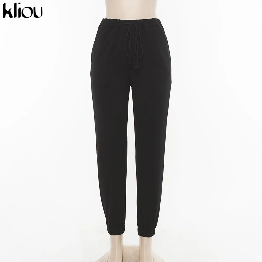 Kliou women's pants casual streetwear elastic waist drawstring cotton cargo pants autumn joggers pockets fashion trousers
