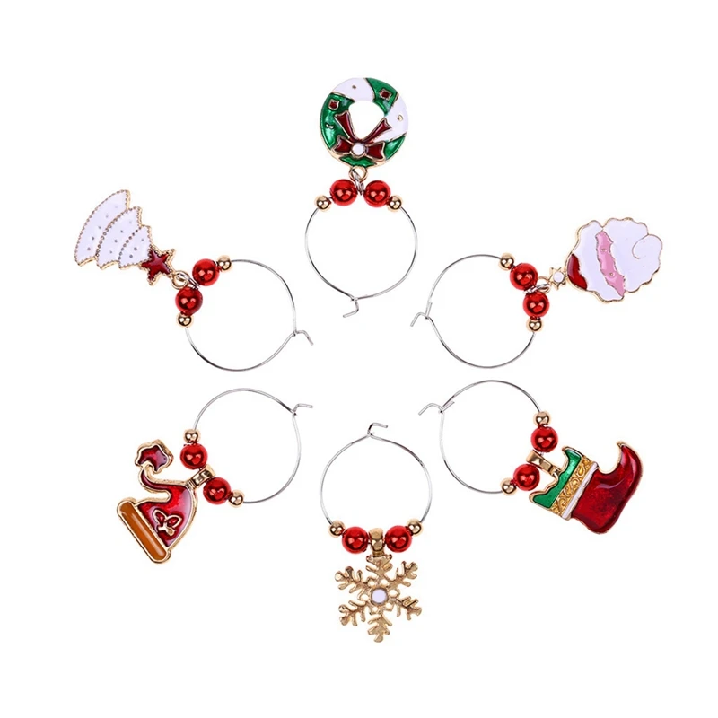 

6 Pcs Christmas Wine Glass Decoration Charms Party New Year Cup ring Table Decorations Xmas Pendants Metal Ring Decor