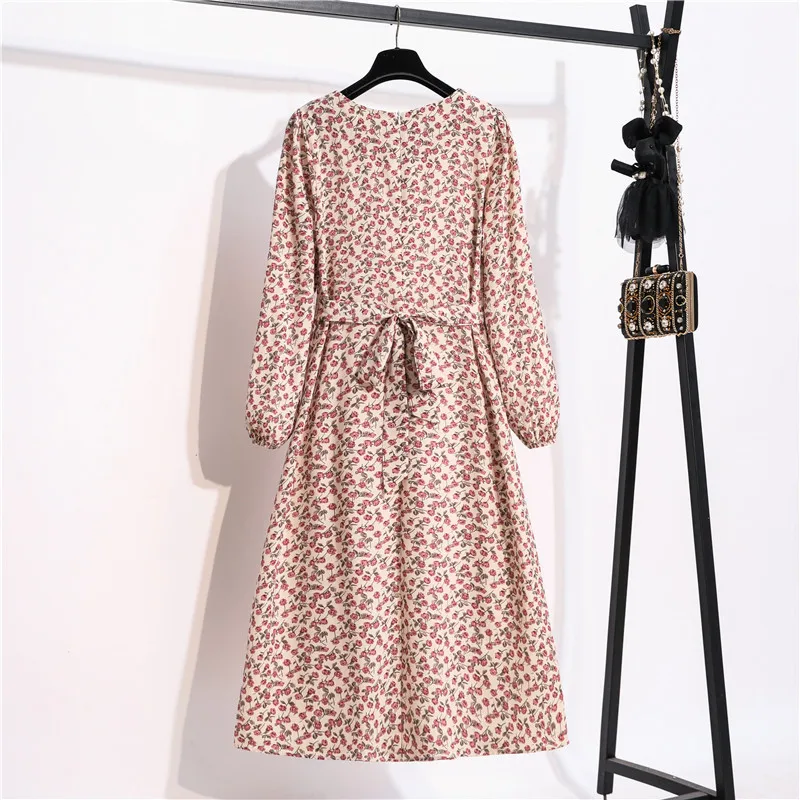 

Floral Chiffon Dress Ladies Autumn Winter Long-Sleeved Dresses Round Neck Slim Robes Femme Casual Outfits A-Line Sweet Vestidos