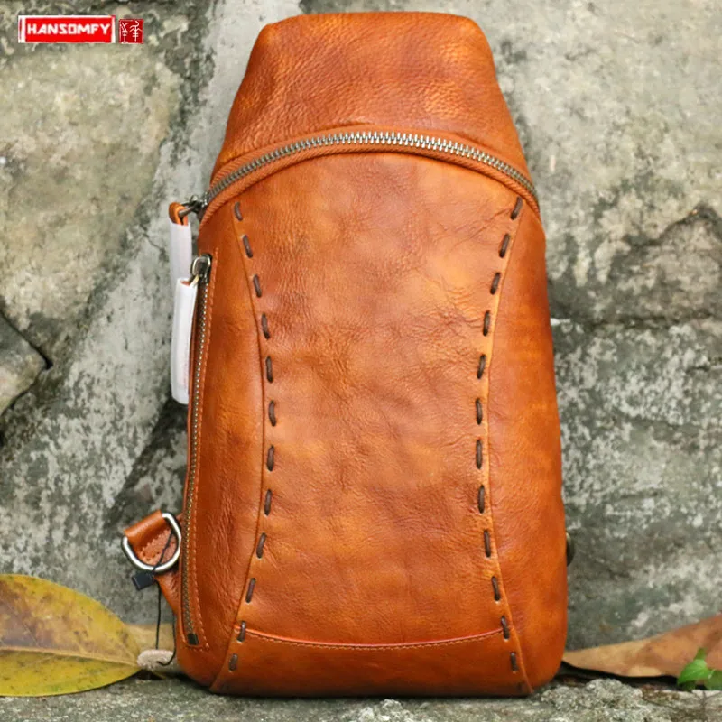 New Genuine Leather Men Chest Bag Shoulder Messenger Bag First Layer Cowhide 2022 New Vegetable Tanned Leather Small Bags Male