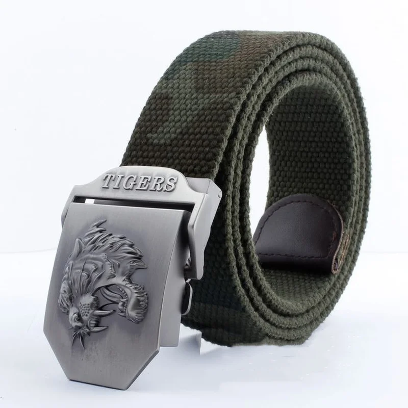 

Tiger Automatic Buckle Canvas Belt Woven Canvas Belt Men Outdoor Travel Tactical Waist Belt with Metal Buckle for Pants 110cm Cc