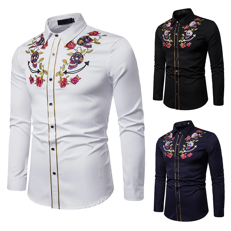 MJartoria Мужская мода Западный череп ковбоя и Роза вышивка рубашка Slim Fit