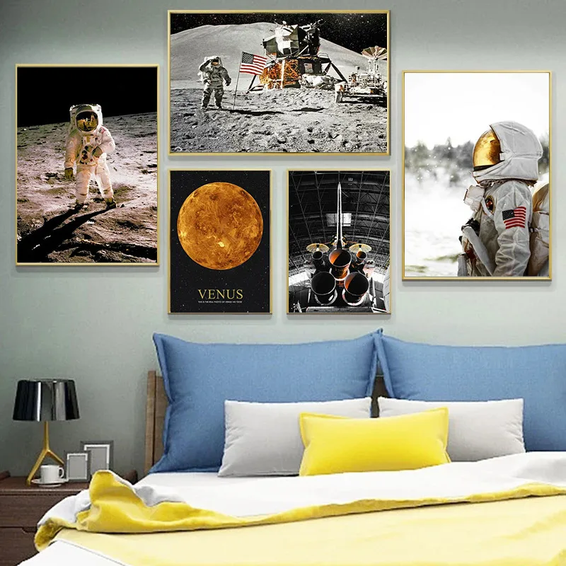 

Astronaut Rocket Moon Space Wall Art Canvas Painting Vintage Nordic Posters And Prints Wall Pictures For Living Room Home Decor
