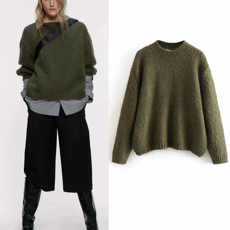 

KUMSVAG Women Autumn ZA Solid Pullover Sweaters 2021 Casual O-Neck Knitting Loose Female Elegant Street Warm Sweater Clothing