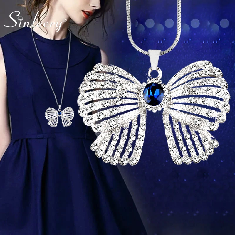 SINLEERY модные стразы полые бабочки подвеска ожерелья серебряного цвета Длинная