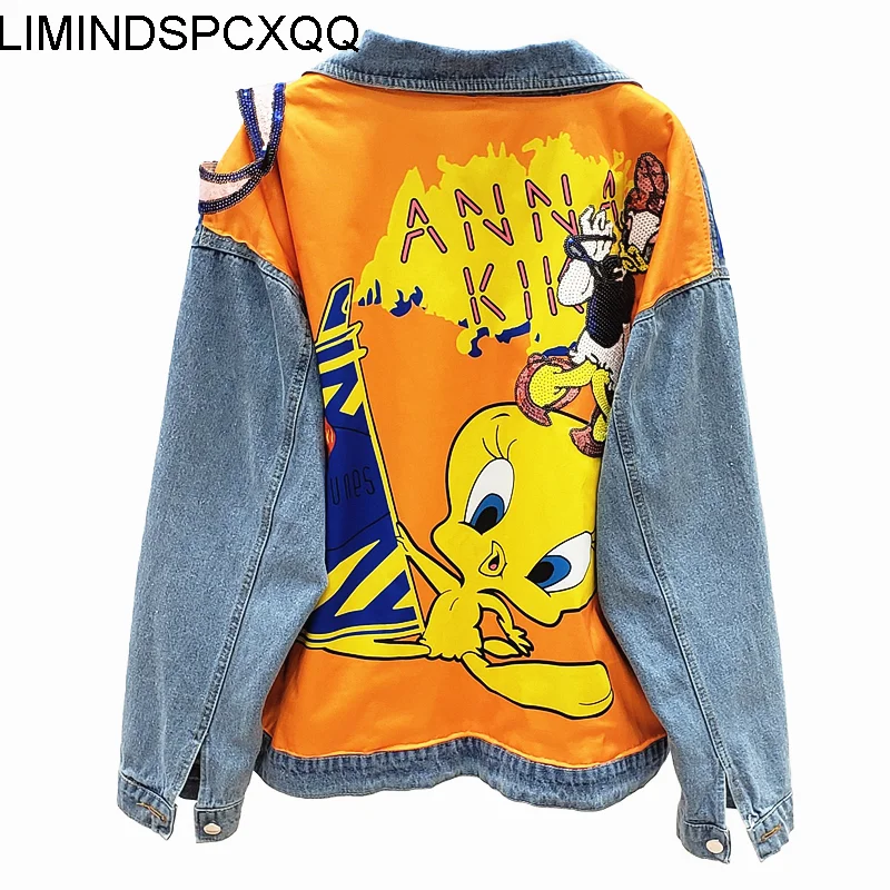 Женская джинсовая куртка с мультяшным принтом блестками длинным рукавом