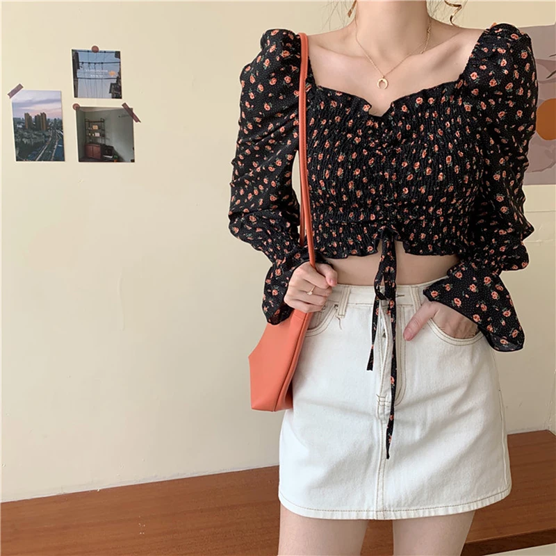 

Vintage Chiffon Blouse Women Summer Long sleeve Square Collar Ruffles Blouses sexy crop tops Casual Shirts blusas camisas mujer