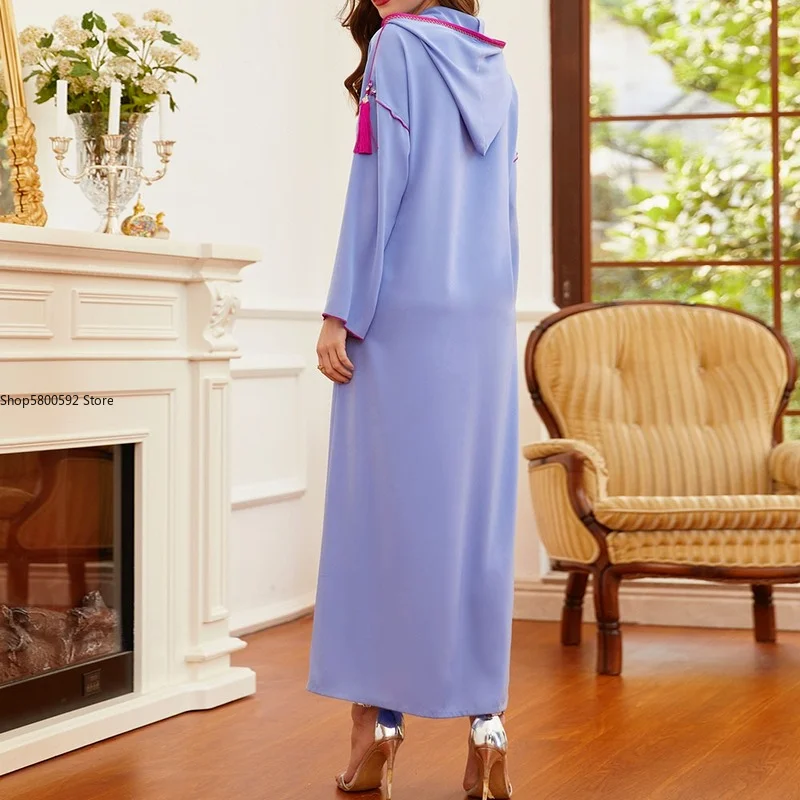 2022 Muslim Fashion Women Dress Solid Color Long Sleeve Beading Hooded Temperament Casual Autumn Winter Long Ladies Dress