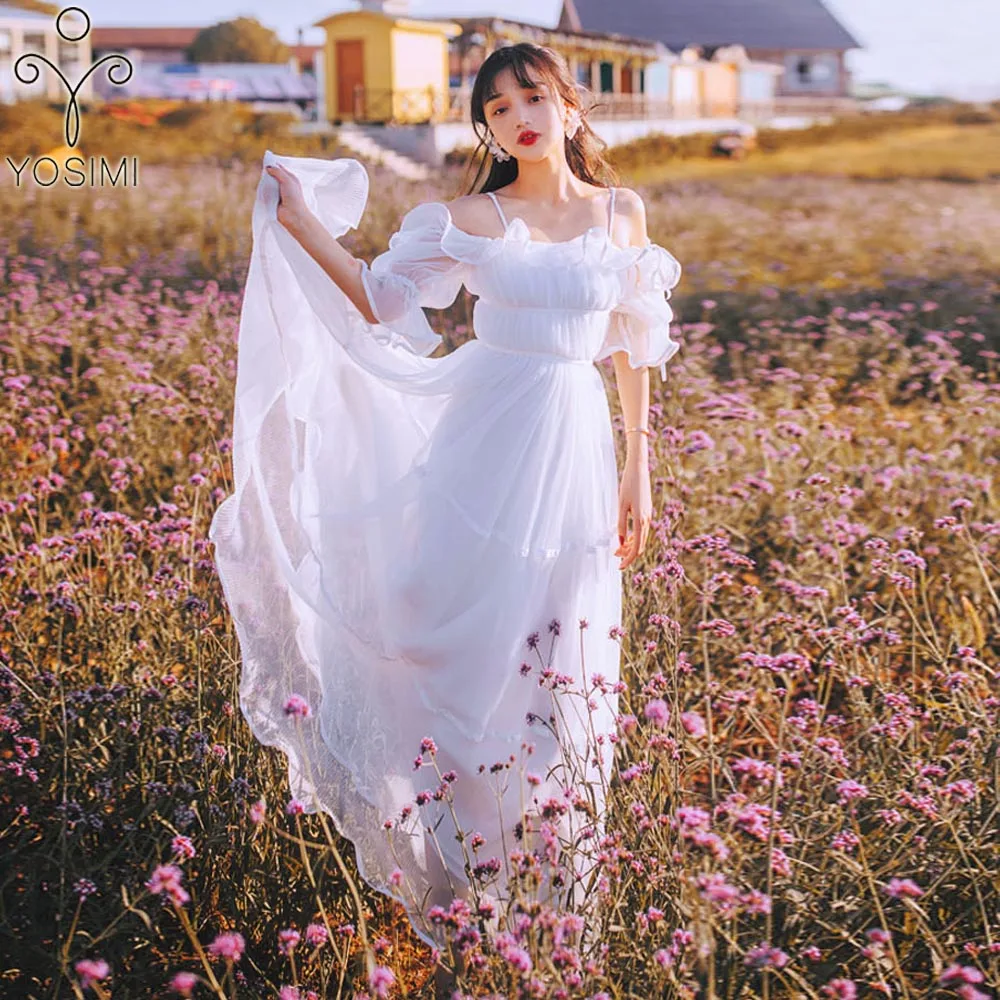 YOSIMI 2019 летнее длинное женское платье из вуали для путешествий белое праздничное
