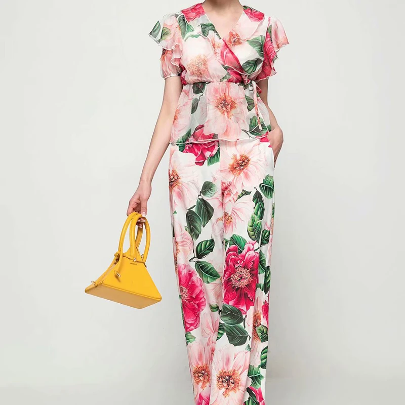 

2021 Summer Bohemian Vintage Print Flower Sexy V-Neck Short Sleeve Upper Temperament Wide Leg Long Two-Piece Suit High Quality