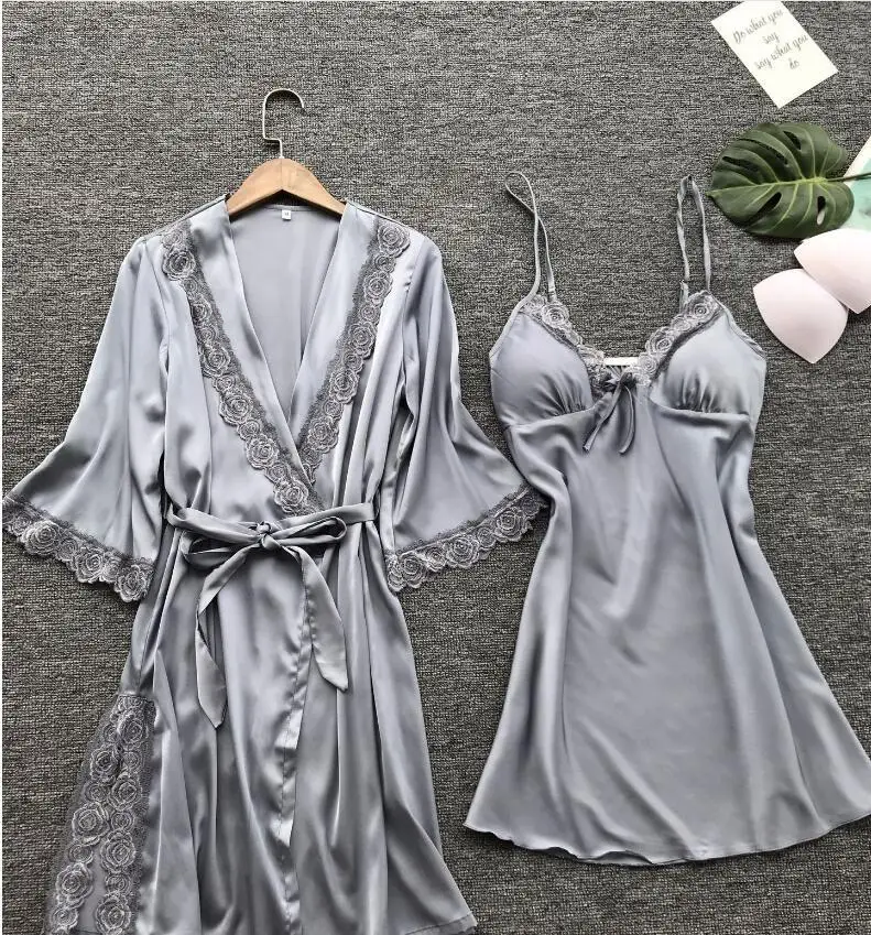 

Sexy Femme Robe Gown Set Summer Nightwear Lace Sleepwear Bathrobe Bridesmaid Wedding Robes Women Lingerie Set 2020