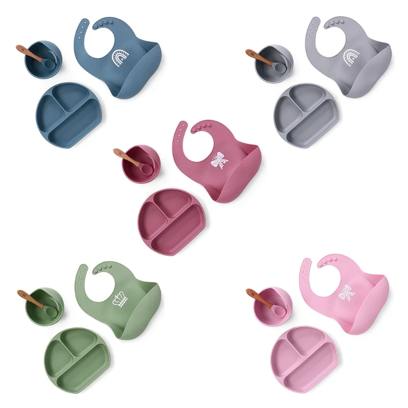 

4 Pcs Baby Food Grade Silicone Waterproof Bibs+Suction Dinner Plate+Bowl+Spoon J2HD