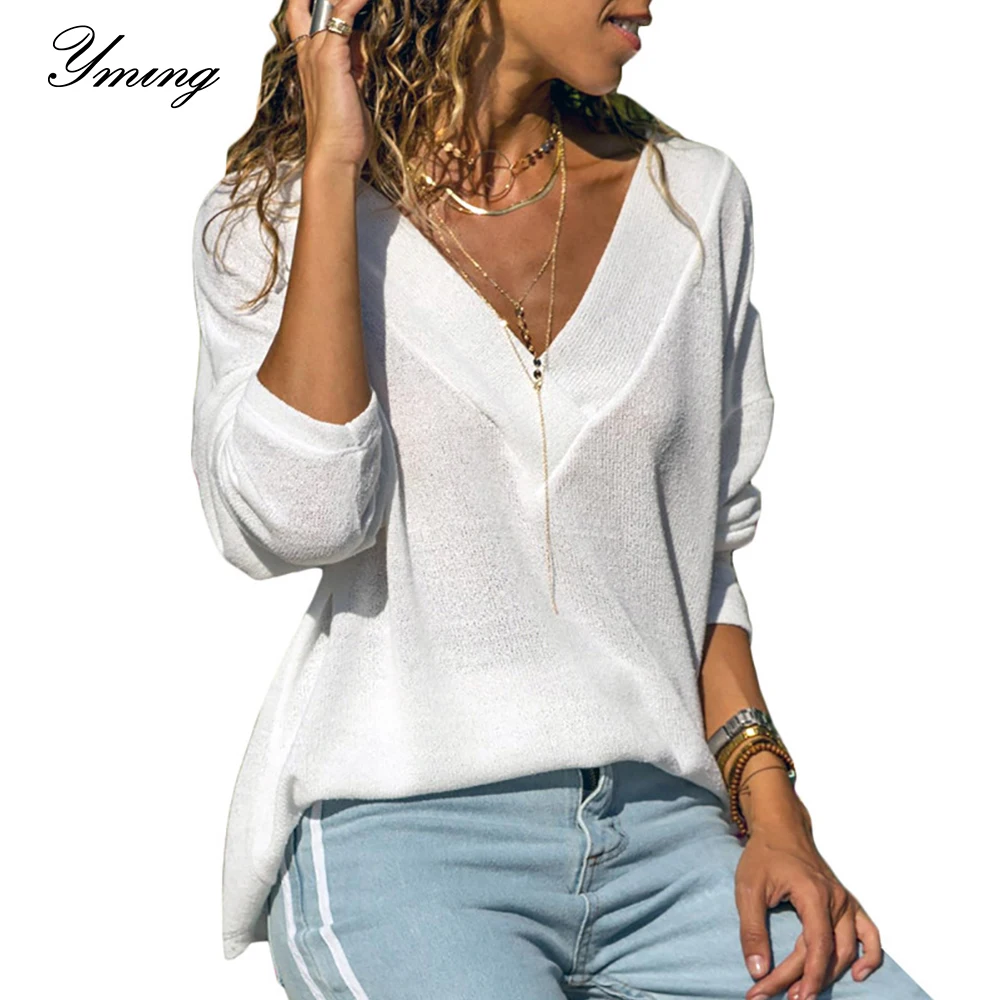 

YMING White Knitted Women Blouse Long Sleeve Office Shirt V Neck Casual Ladies Tops Fashion Tunic Blusas Blouses Woman Clothing