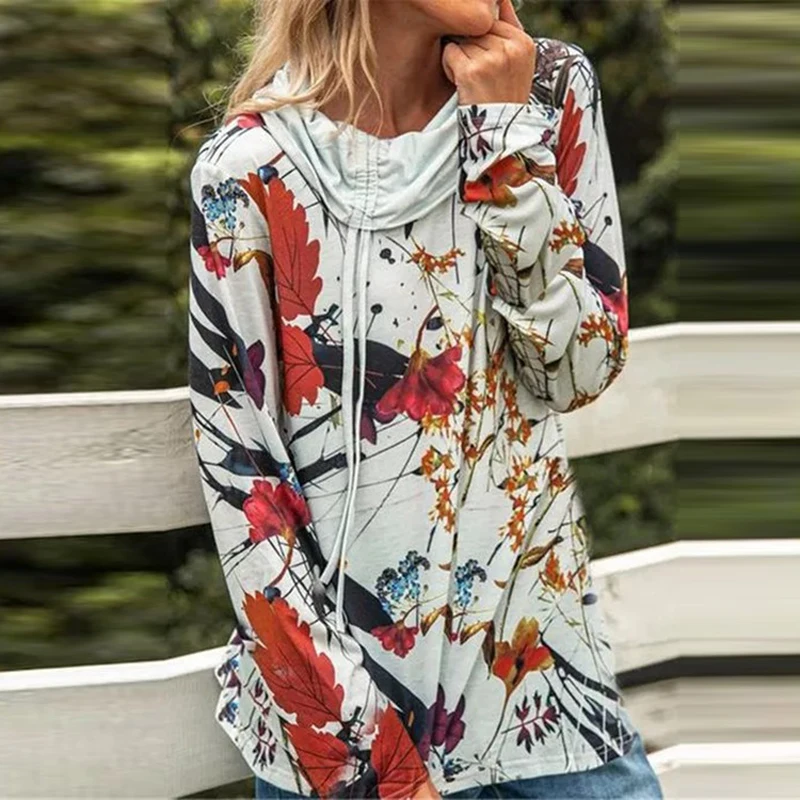 

Vintage Floral Print Drawstring Hoodie Sweatshirt Women Autumn Turn-down Collar Harajuku Hoodie Casual Long Sleeve Pullover Tops