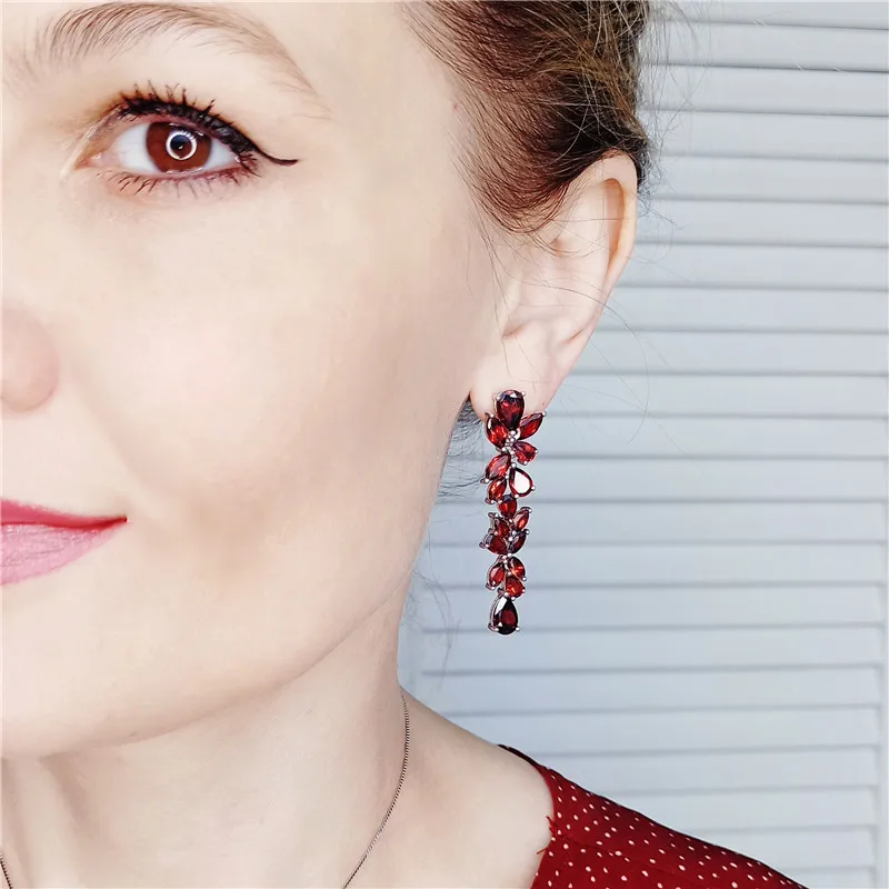 GEM'S BALLET 20.35Ct Natural Red Garnet Earrings 925 Sterling Sliver Leaves Branches Drop For Women Engagement Jewelry | Украшения и