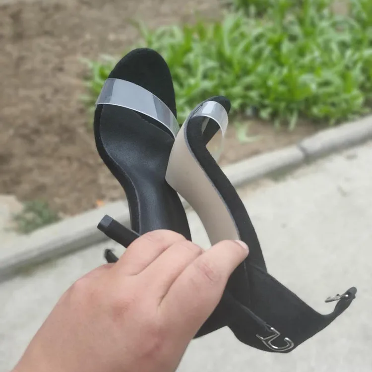 

Europe and the United States 2020 summer new one-character transparent open toe black sexy thin heel ultra high-heeled sandals