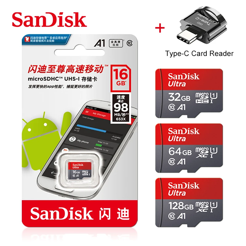 

Original SanDisk Memory Card Micro SD Card 32GB 16GB Class 10 MicroSDHC 64GB 128GB 256GB SDXC UHS-I TF Card with Tpye-C Reader