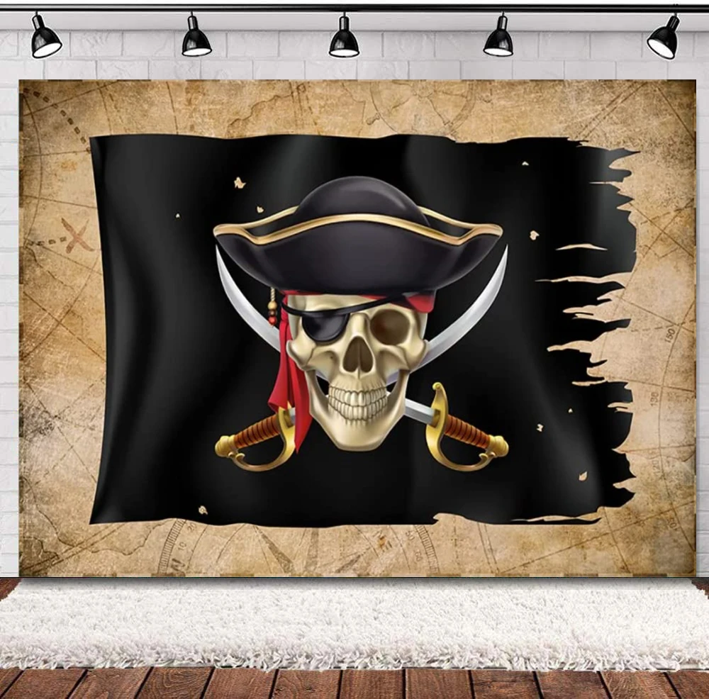 

Photography Backdrop Boys Birthday Pirate Theme Background Skull Compass Map Pirate Captian Party Banner Decor Photo Props